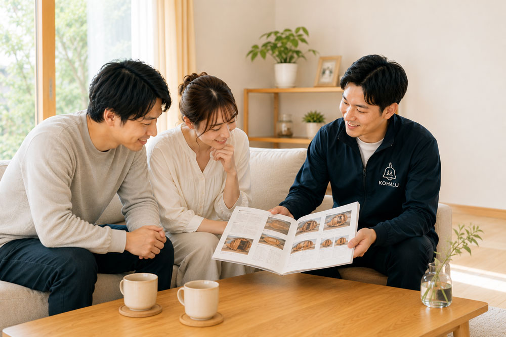 夫婦でサウナの説明を受けている